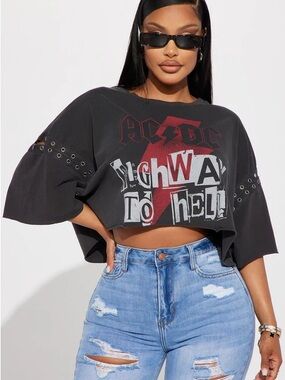 NWT AC/DC HIGHWAY TO HELL CROPPED GROMMET TEE, VARIOUS SIZES